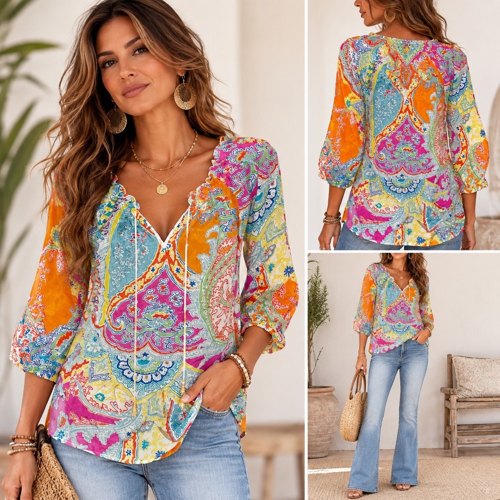 Lauren Ralph Lauren Silk Paisley Blouse XS Orange Pink Blue Multi 3/4 Sleeve Top